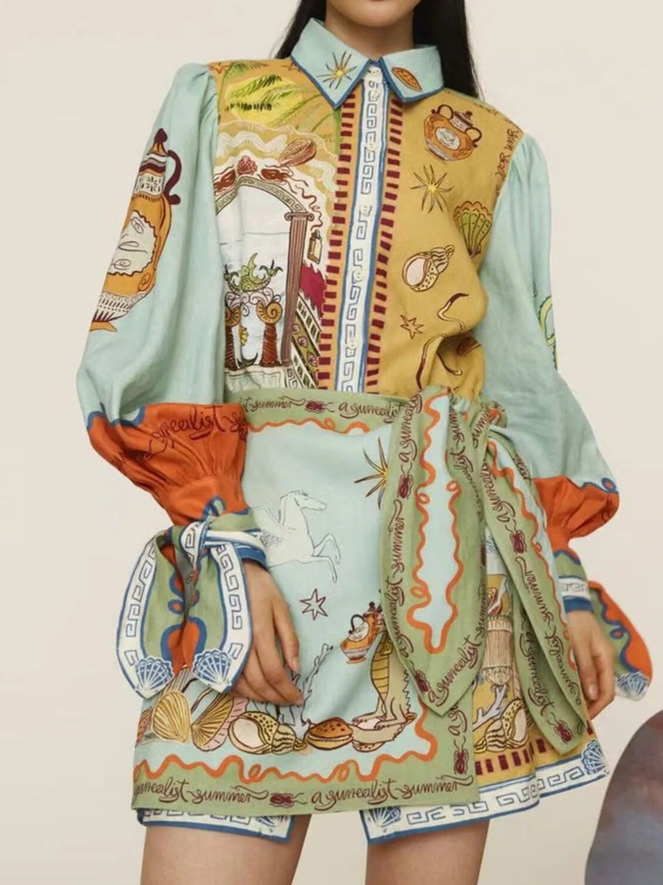 Printed Long Sleeve Shirt Dress - Lara Moda