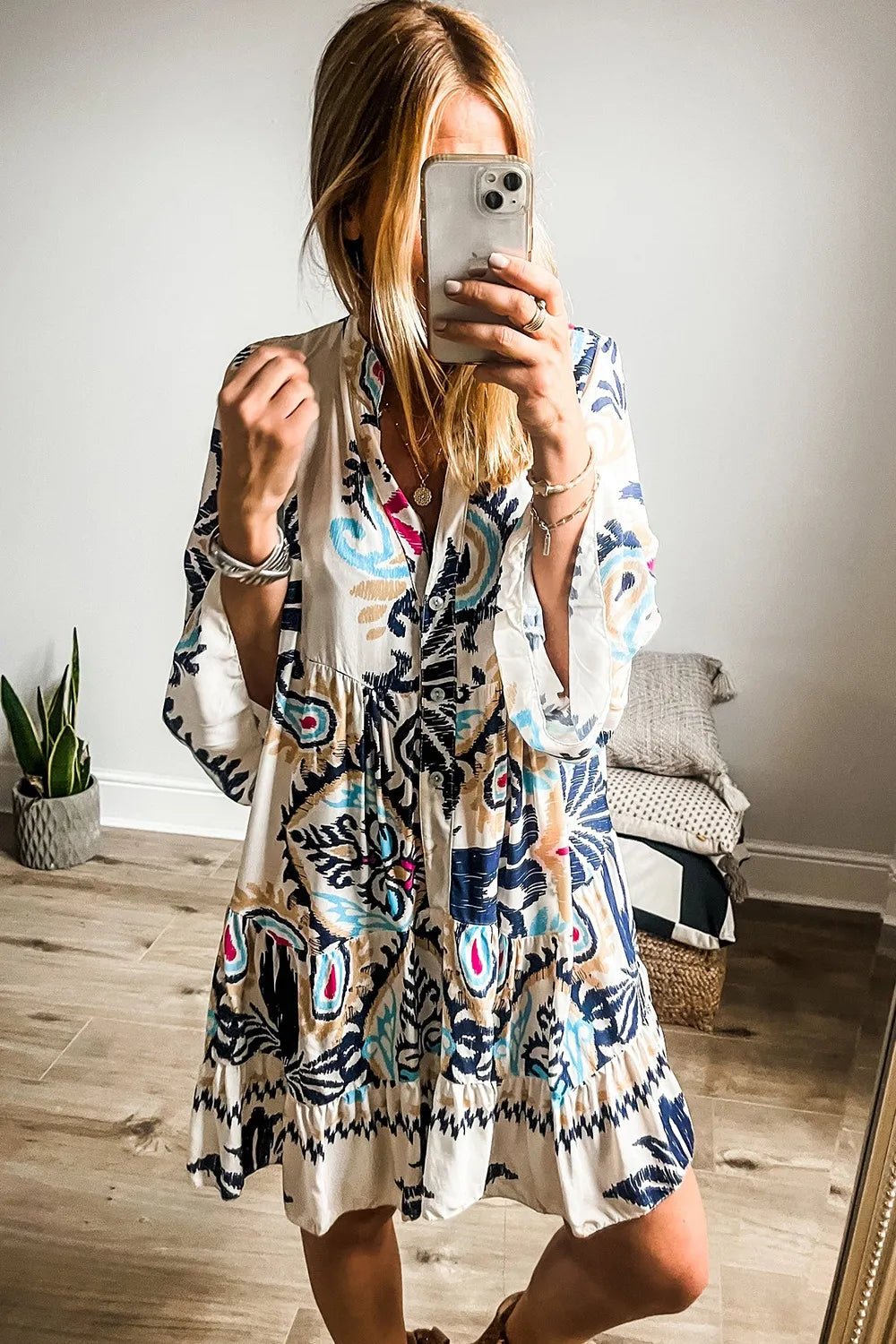 Printed Notched Three-Quarter Sleeve Mini Dress - Lara Moda