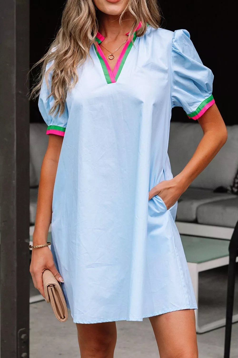 Puff Sleeve Mini Dress with Contrast Trim - Lara Moda