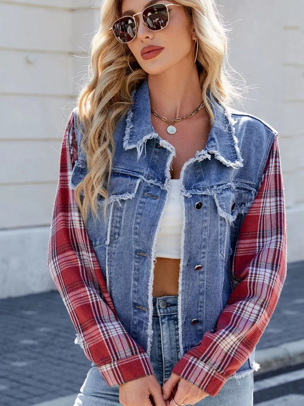 Raw Hem Plaid Sleeve Denim Jacket - Lara Moda