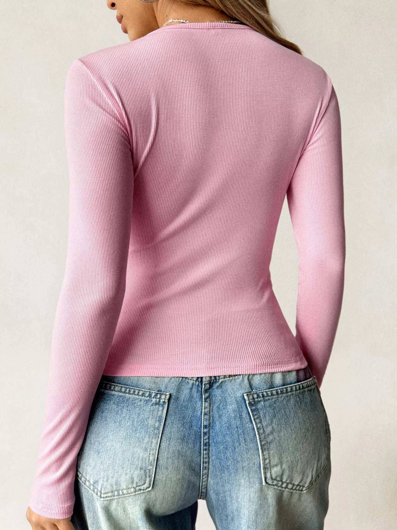 Ribbed Knit Long Sleeve Fitted T-Shirt - Lara Moda