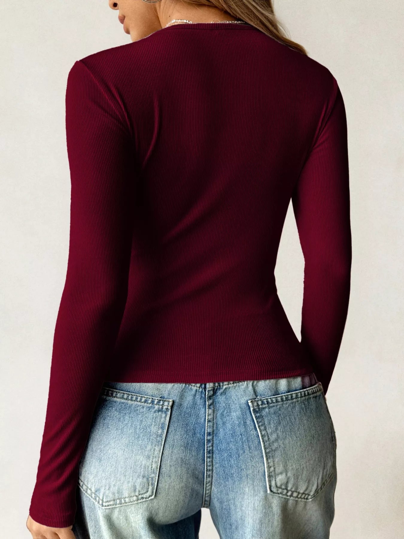 Ribbed Knit Long Sleeve Fitted T-Shirt - Lara Moda