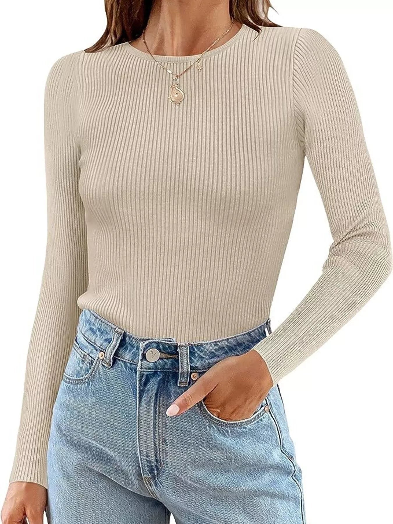 Ribbed Knit Slim Fit Long Sleeve T-Shirt - Lara Moda