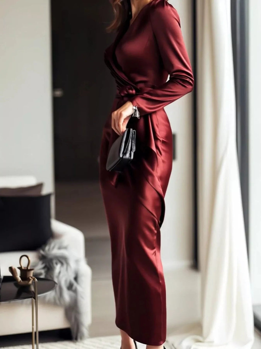 Satin Wrap Long Sleeve Midi Dress - Lara Moda