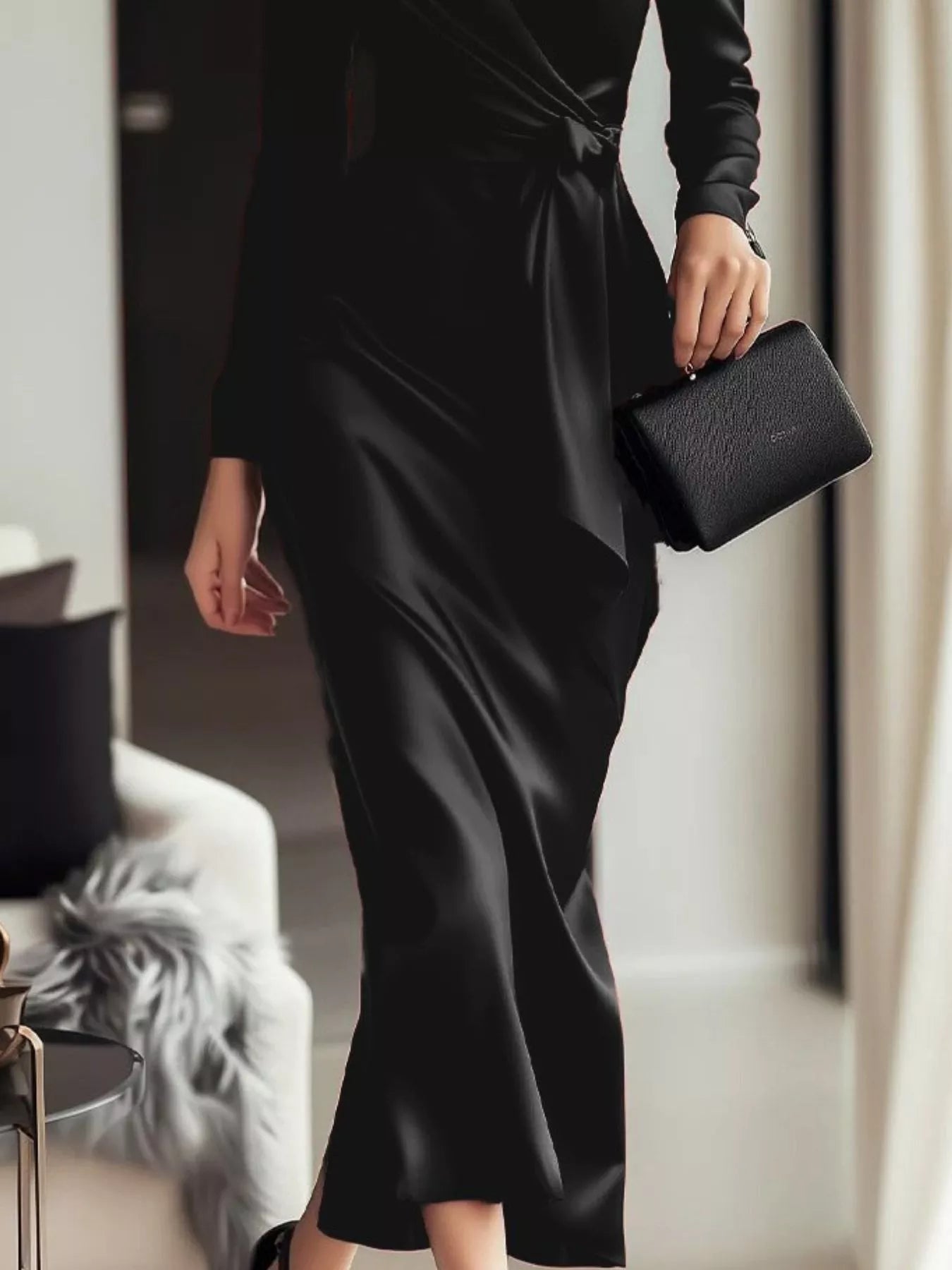 Satin Wrap Long Sleeve Midi Dress - Lara Moda