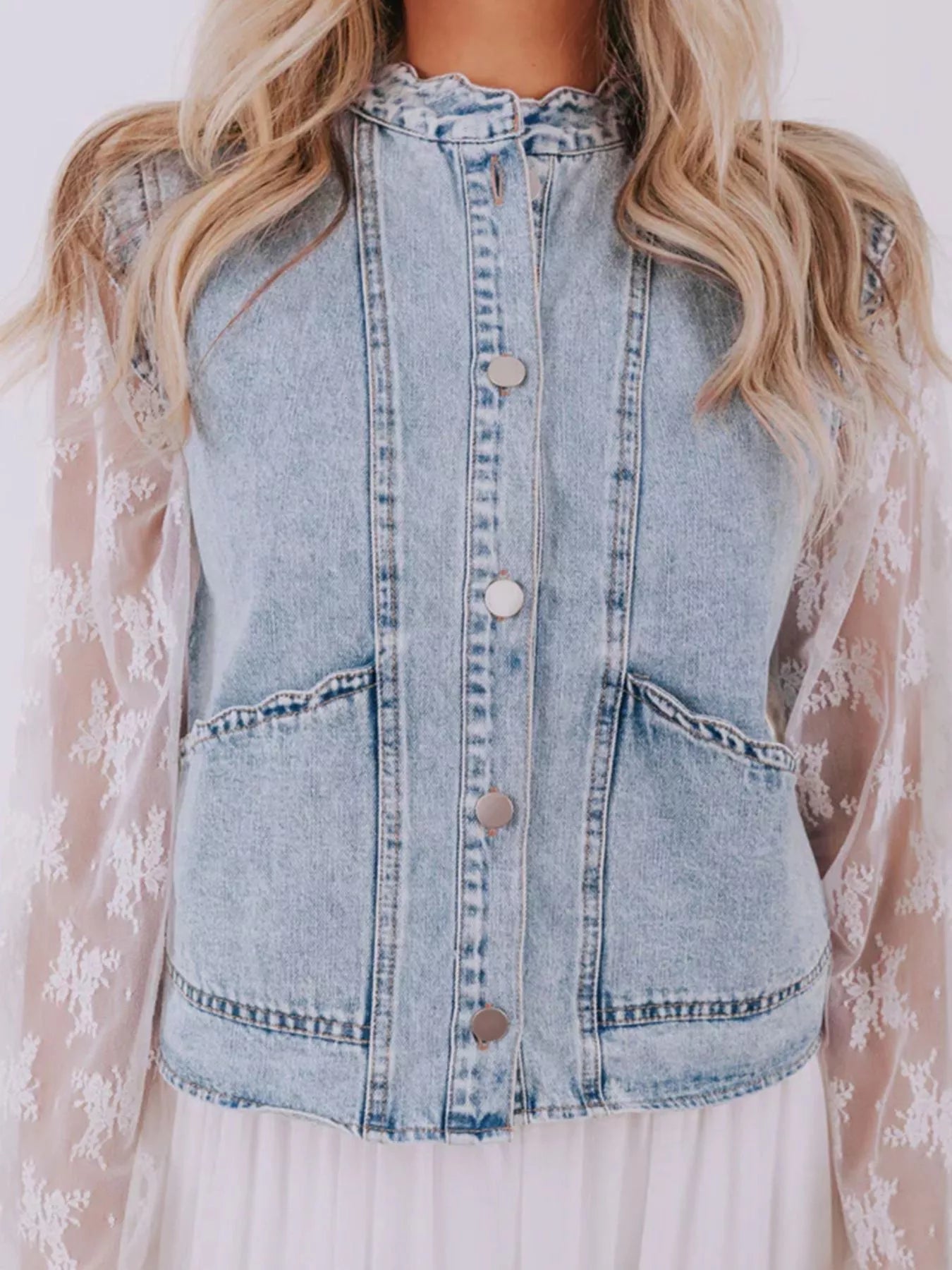 Scalloped Trim Patch Pocket Button Front Denim Vest - Lara Moda