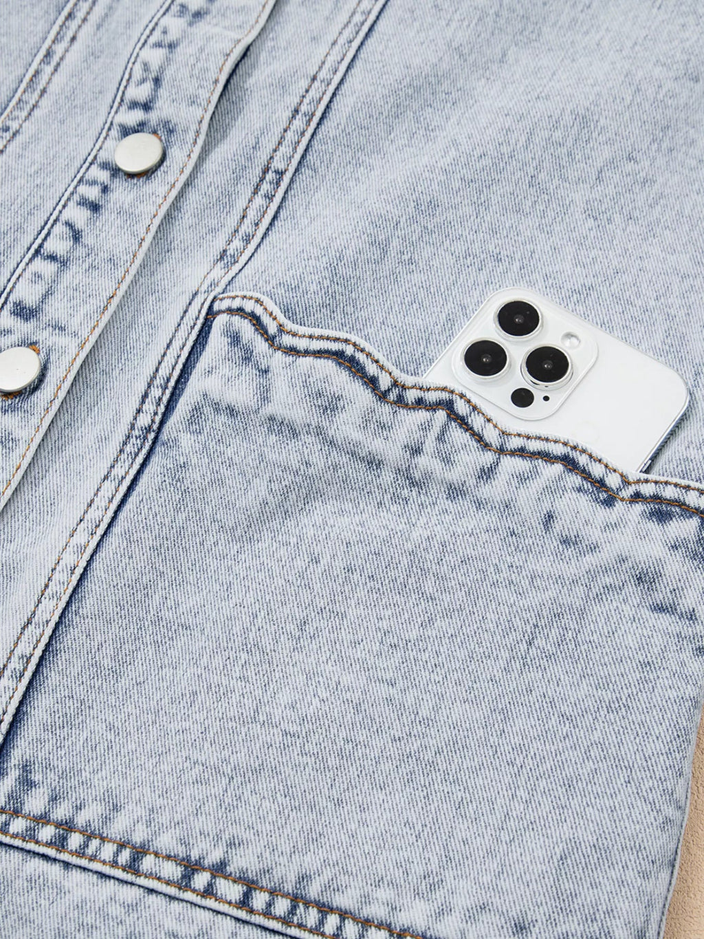 Scalloped Trim Patch Pocket Button Front Denim Vest - Lara Moda