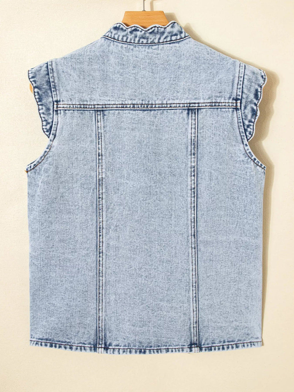 Scalloped Trim Patch Pocket Button Front Denim Vest - Lara Moda