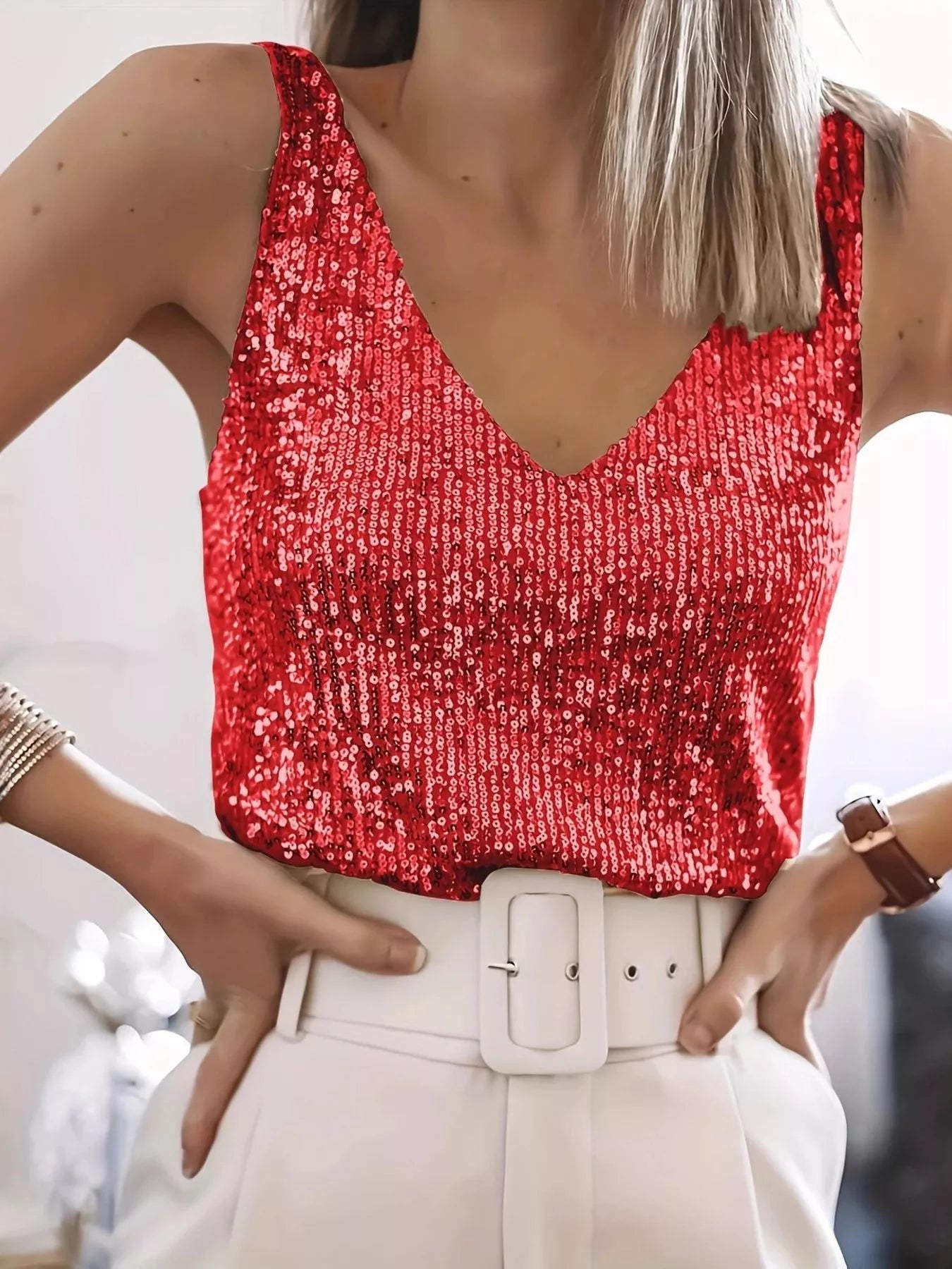 Sequin V-Neck Tank Top - Lara Moda