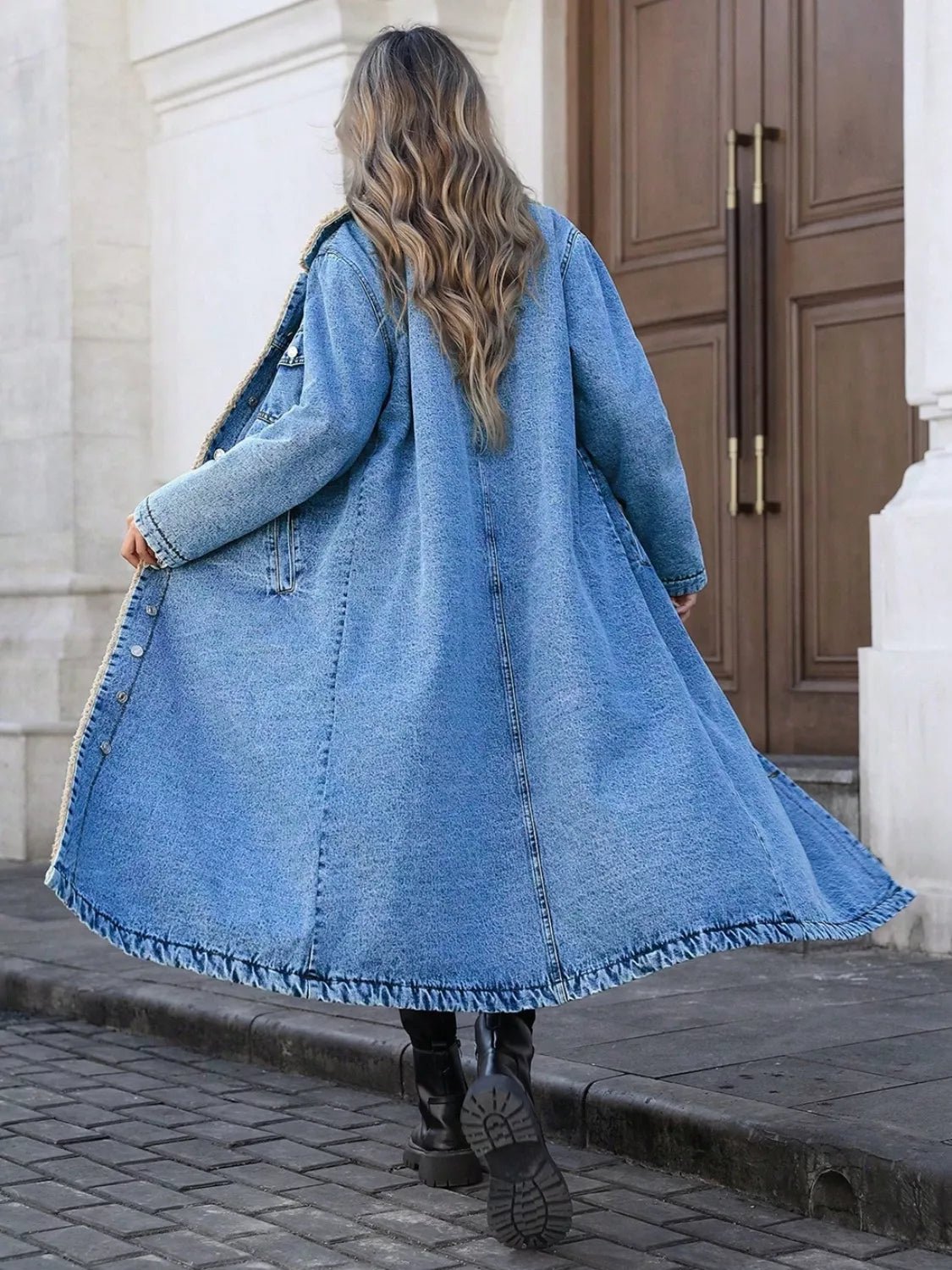 Sherpa Lined Longline Denim Jacket - Lara Moda
