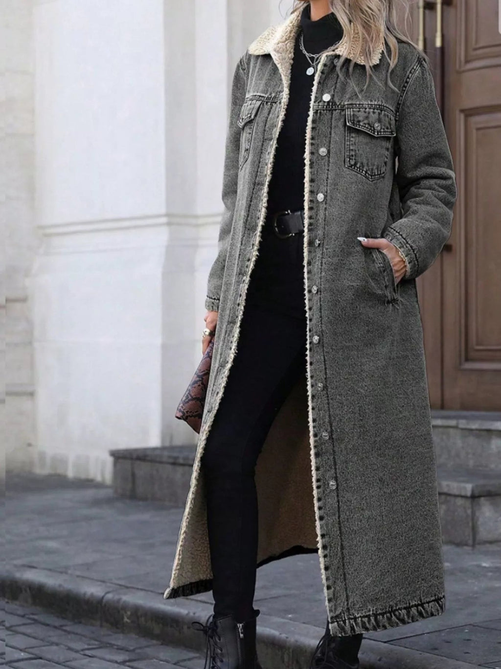 Sherpa Lined Longline Denim Jacket - Lara Moda