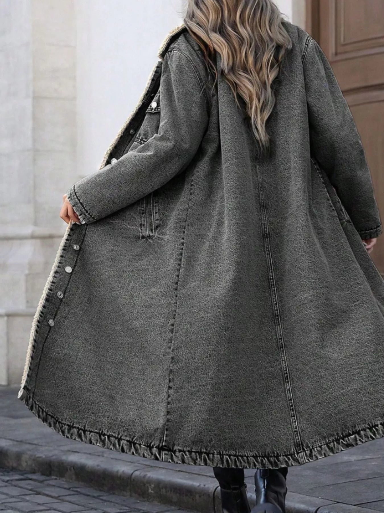 Sherpa Lined Longline Denim Jacket - Lara Moda