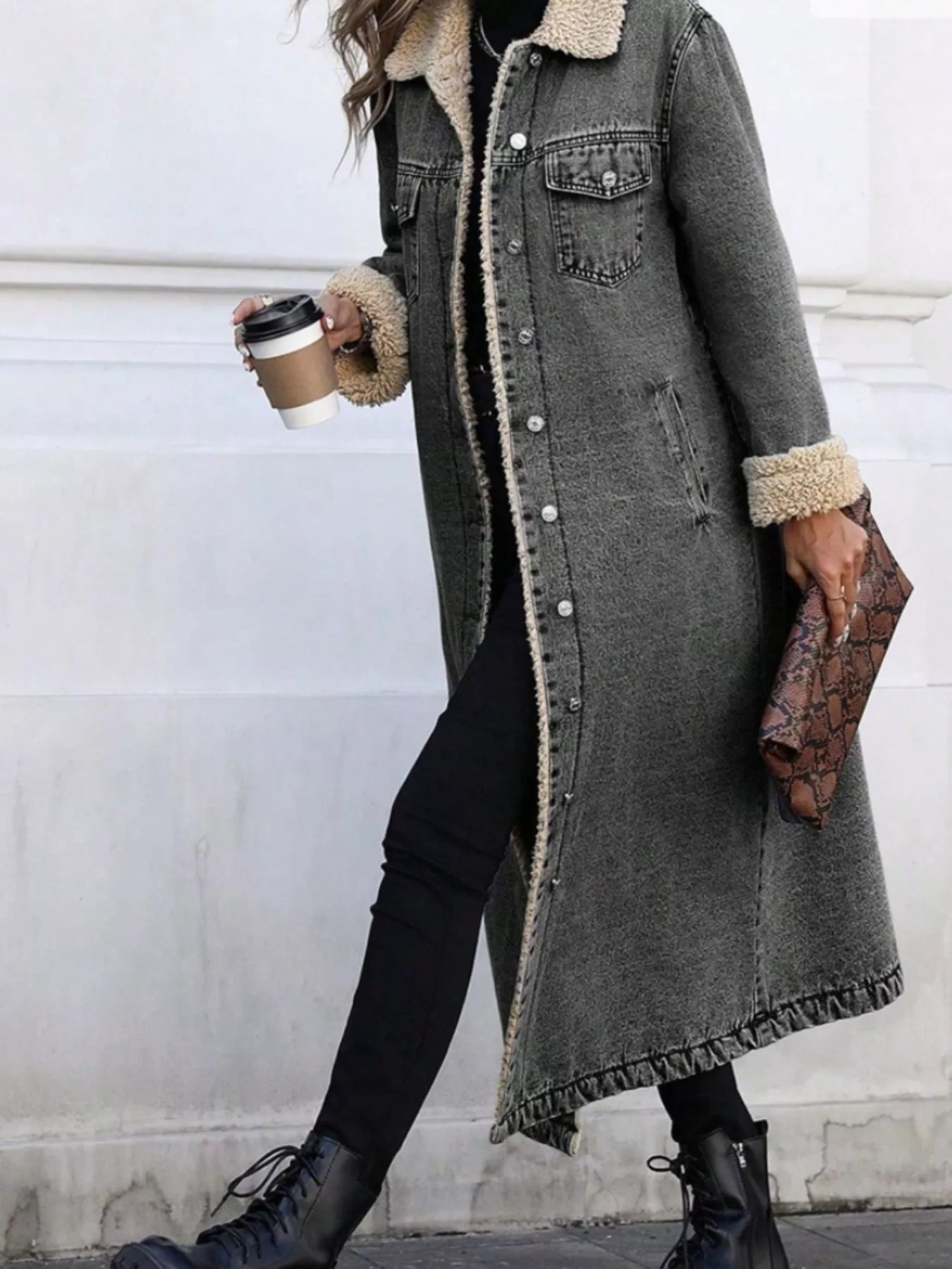 Sherpa Lined Longline Denim Jacket - Lara Moda
