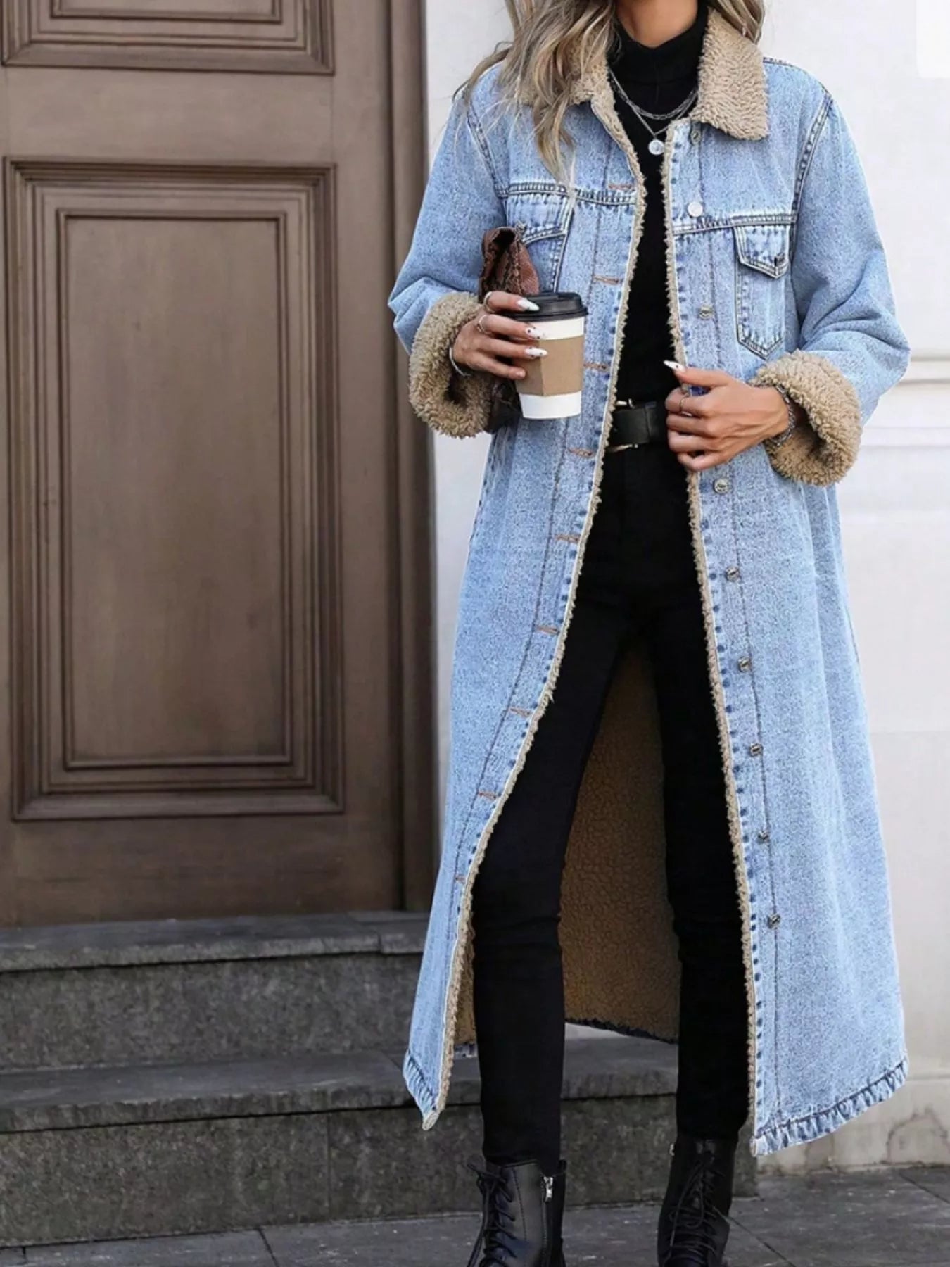 Sherpa Lined Longline Denim Jacket - Lara Moda