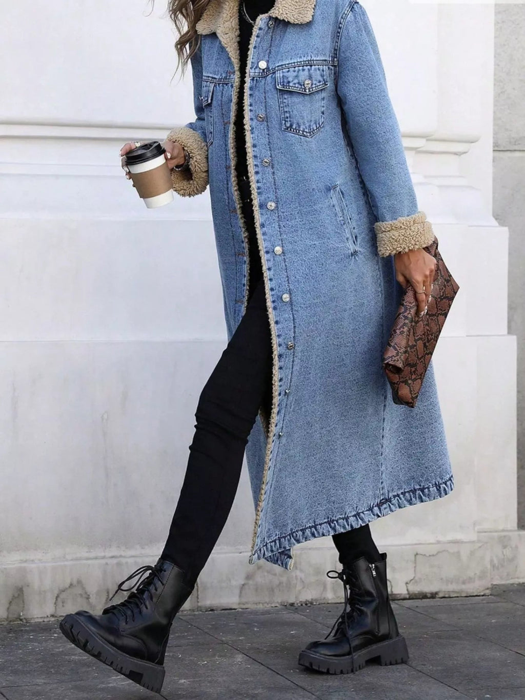 Sherpa Lined Longline Denim Jacket - Lara Moda