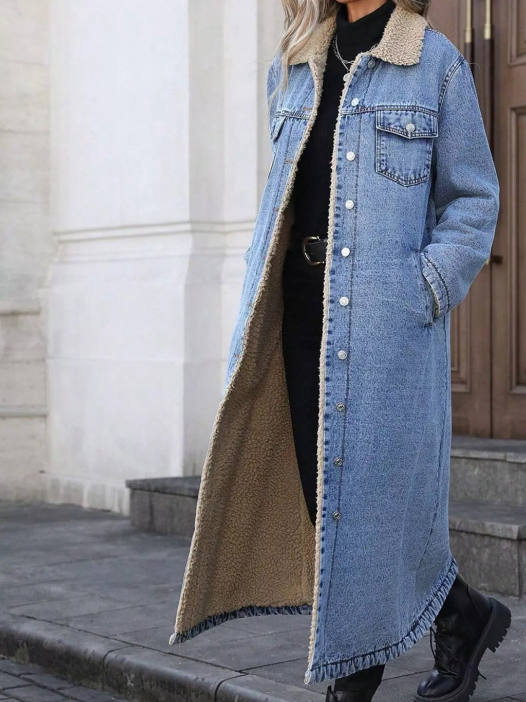 Sherpa Lined Longline Denim Jacket - Lara Moda
