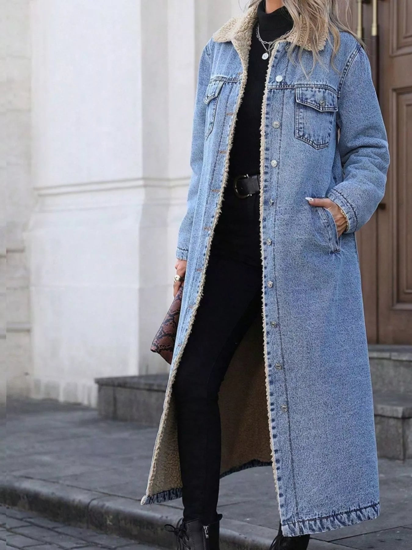 Sherpa Lined Longline Denim Jacket - Lara Moda