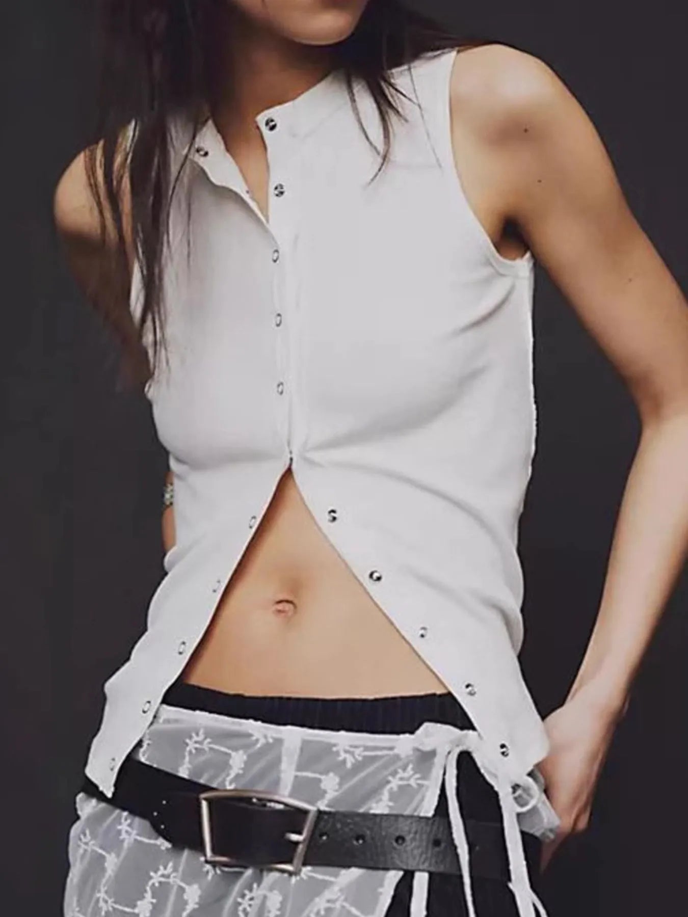 Snap Down Round Neck Ribbed Slim Tank Vest - Lara Moda
