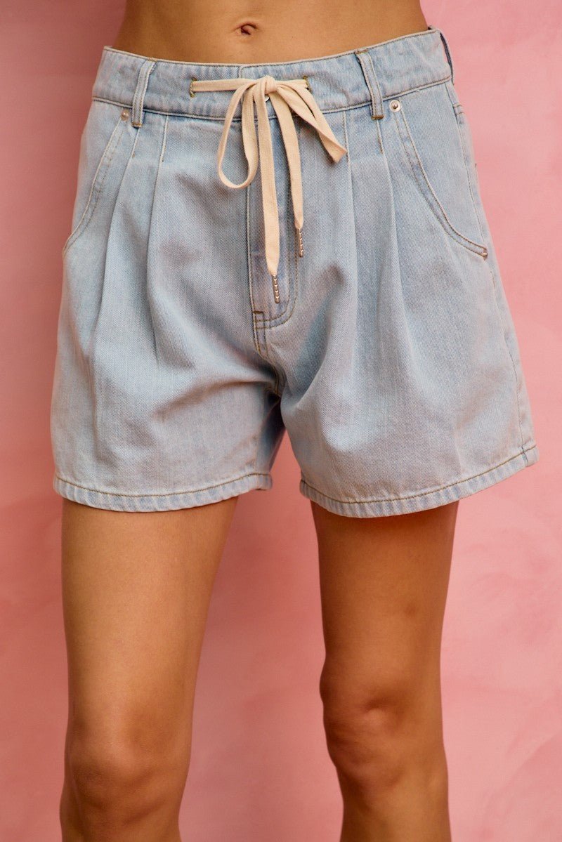 SO ME Mid Rise Denim Shorts With Cotton Tape Drawstring - Lara Moda