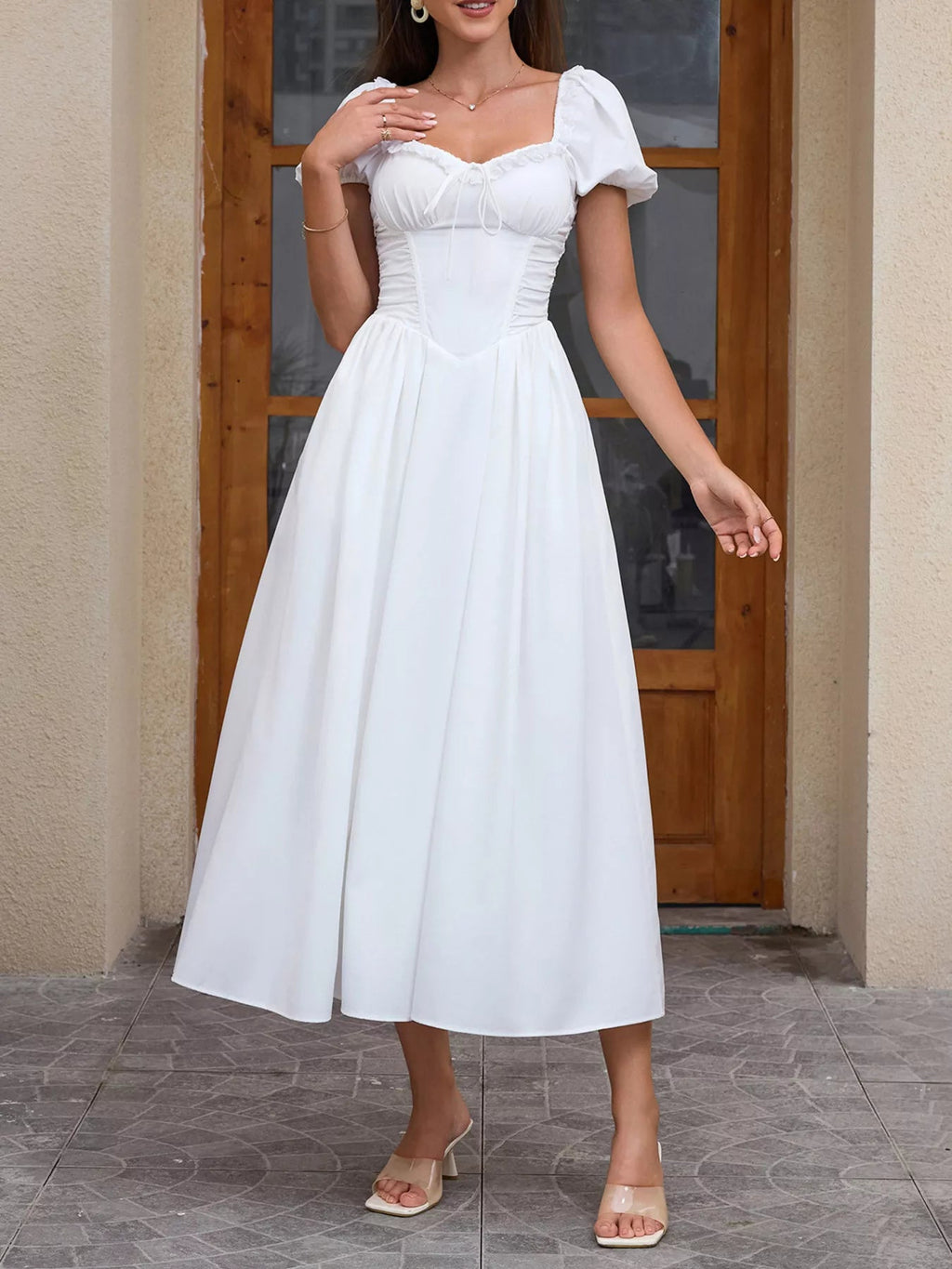 Sweetheart Neck Puff Sleeve Midi Dress - Lara Moda