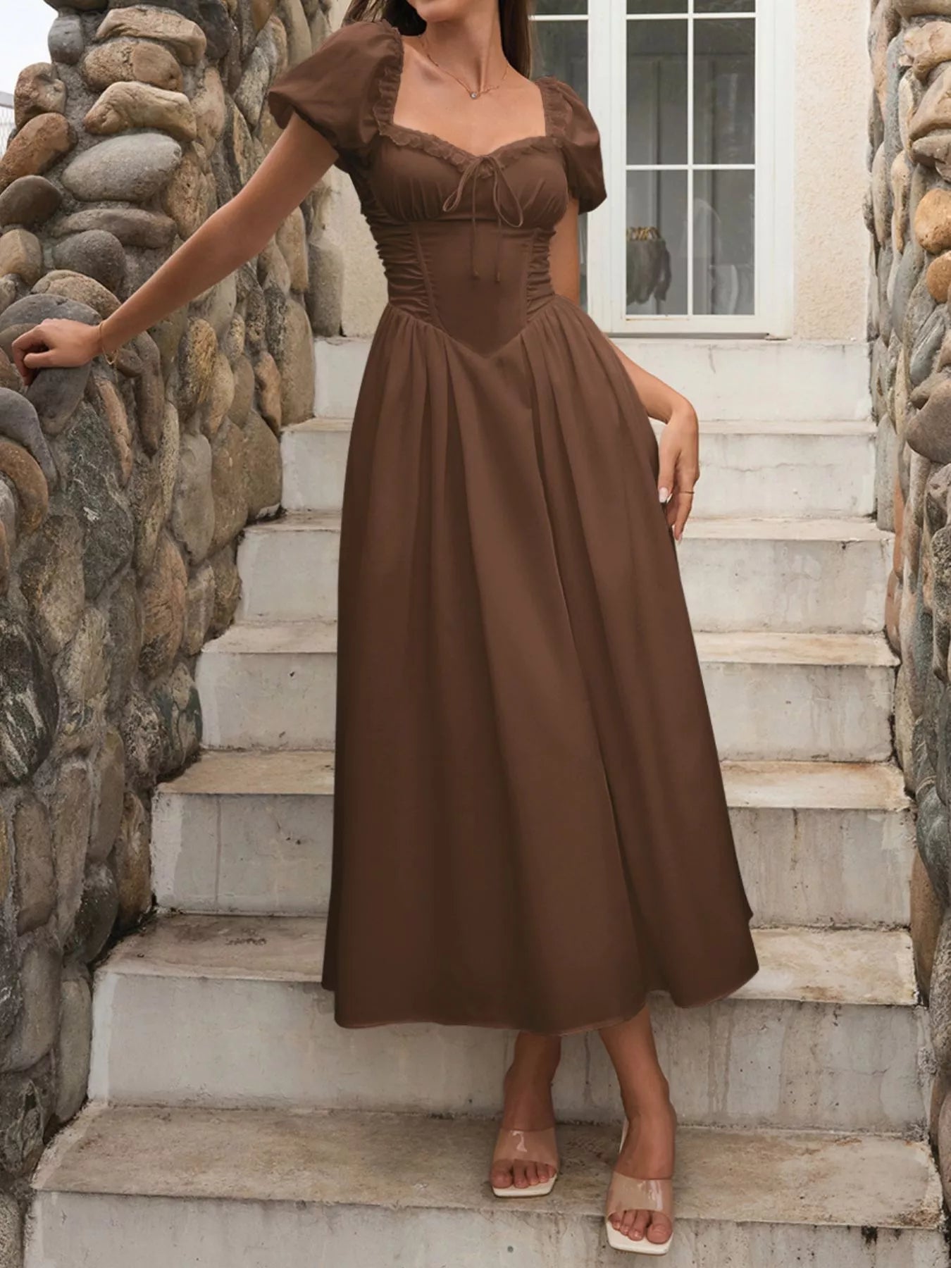 Sweetheart Neck Puff Sleeve Midi Dress - Lara Moda