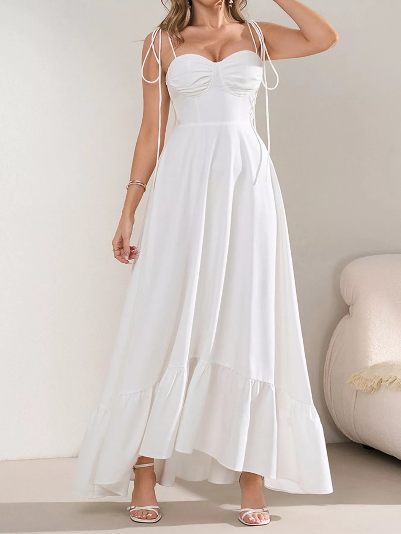 Sweetheart Neck Tie-Strap Ruffle Hem Maxi Dress - Lara Moda