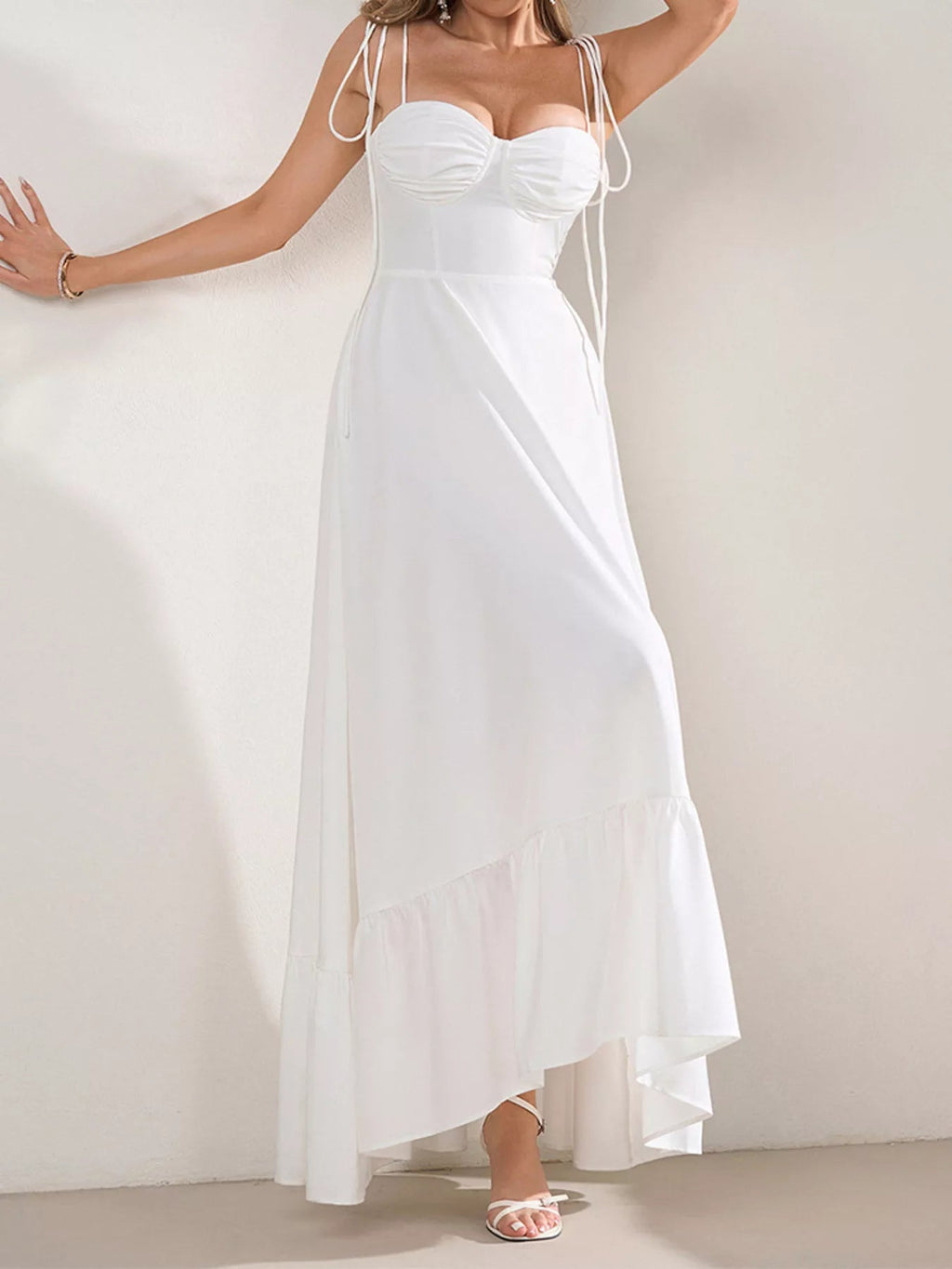 Sweetheart Neck Tie-Strap Ruffle Hem Maxi Dress - Lara Moda