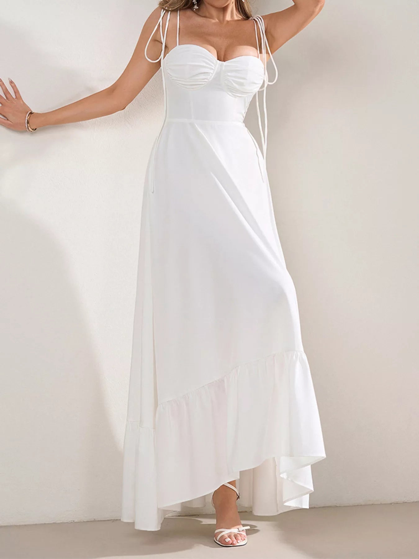 Sweetheart Neck Tie-Strap Ruffle Hem Maxi Dress - Lara Moda