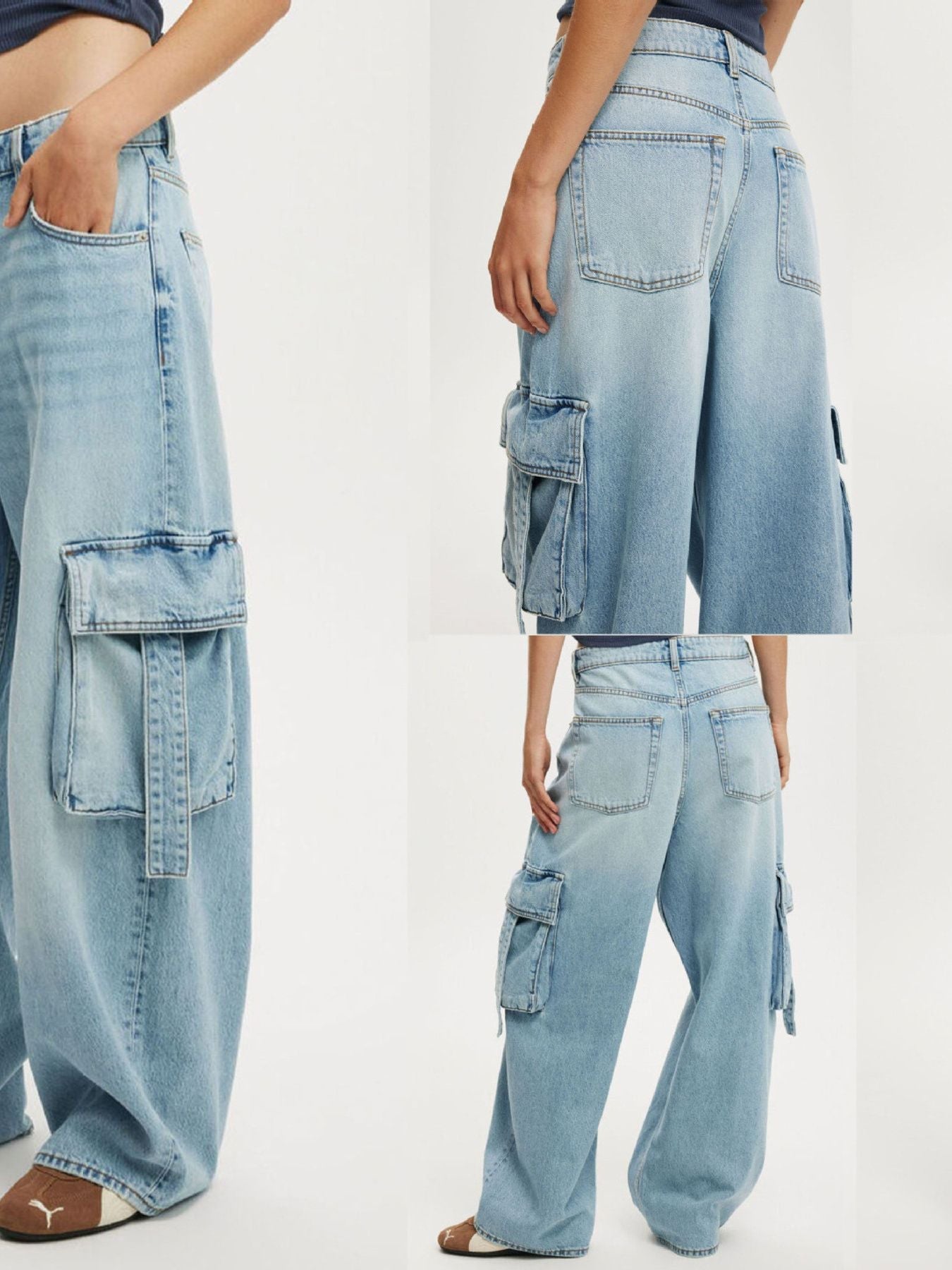 Vintage Wash Wide Leg Cargo Jeans - Lara Moda