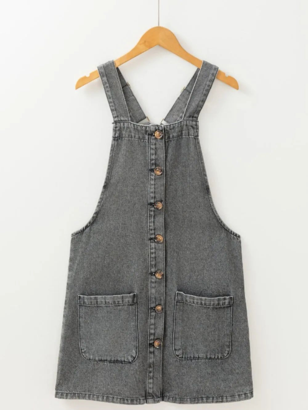 Wide Strap Button Down Denim Overall Dress - Lara Moda