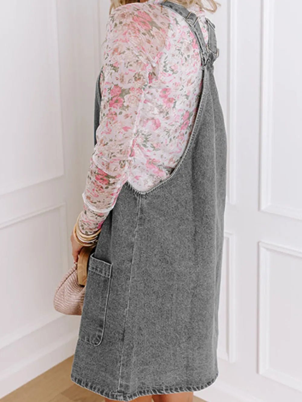Wide Strap Button Down Denim Overall Dress - Lara Moda